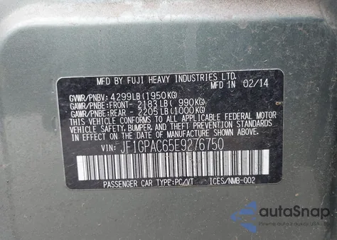 2014 Subaru Impreza 2.0I Premium from USA, damaged, VIN JF1GPAC65E9276750